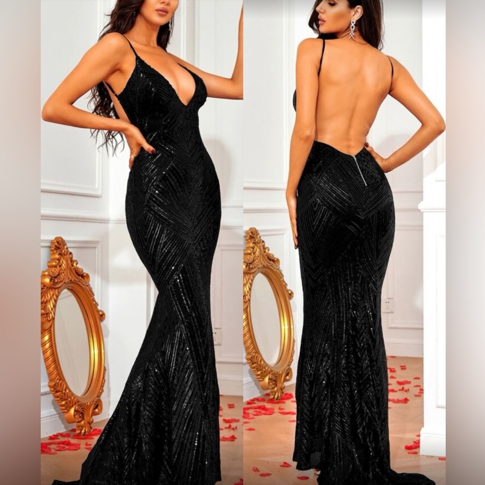 Luxe Open Back Mermaid Hem Sqeuins Party Evening Gown Dress